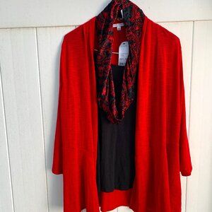 Notations Red Long Cardigan with Shell/Scarf